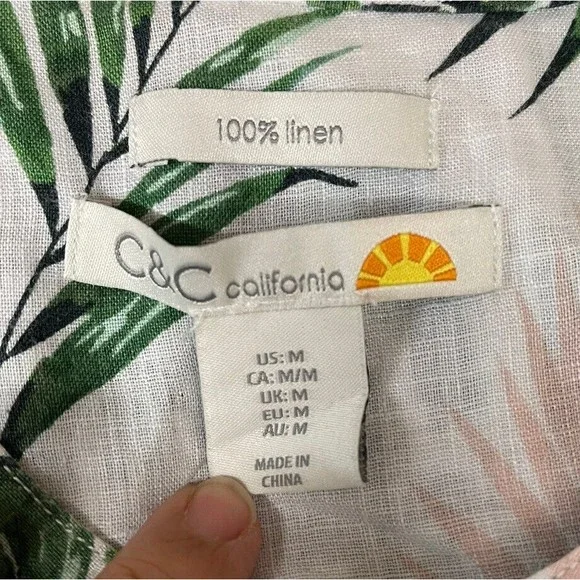 C&C California Sleeveless Linen Top Size Medium Hawaiian Print White/green/pink - Picture 9 of 9